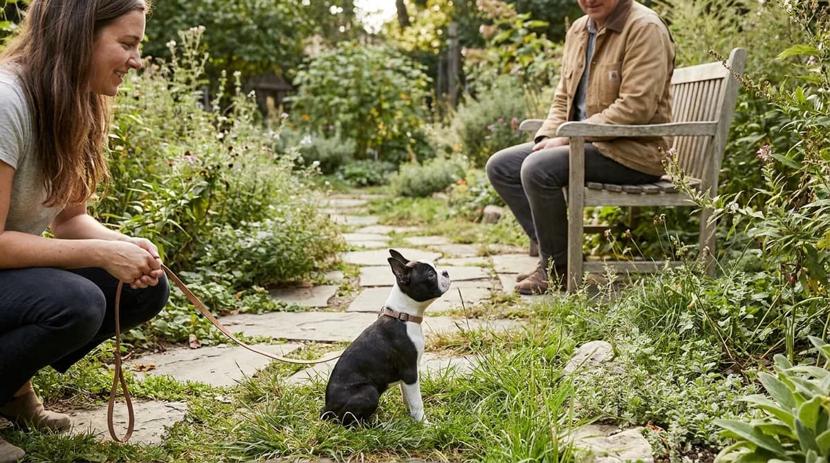 Black-and-white Boston Terrier puppy on a loose leash between two adults in a garden.