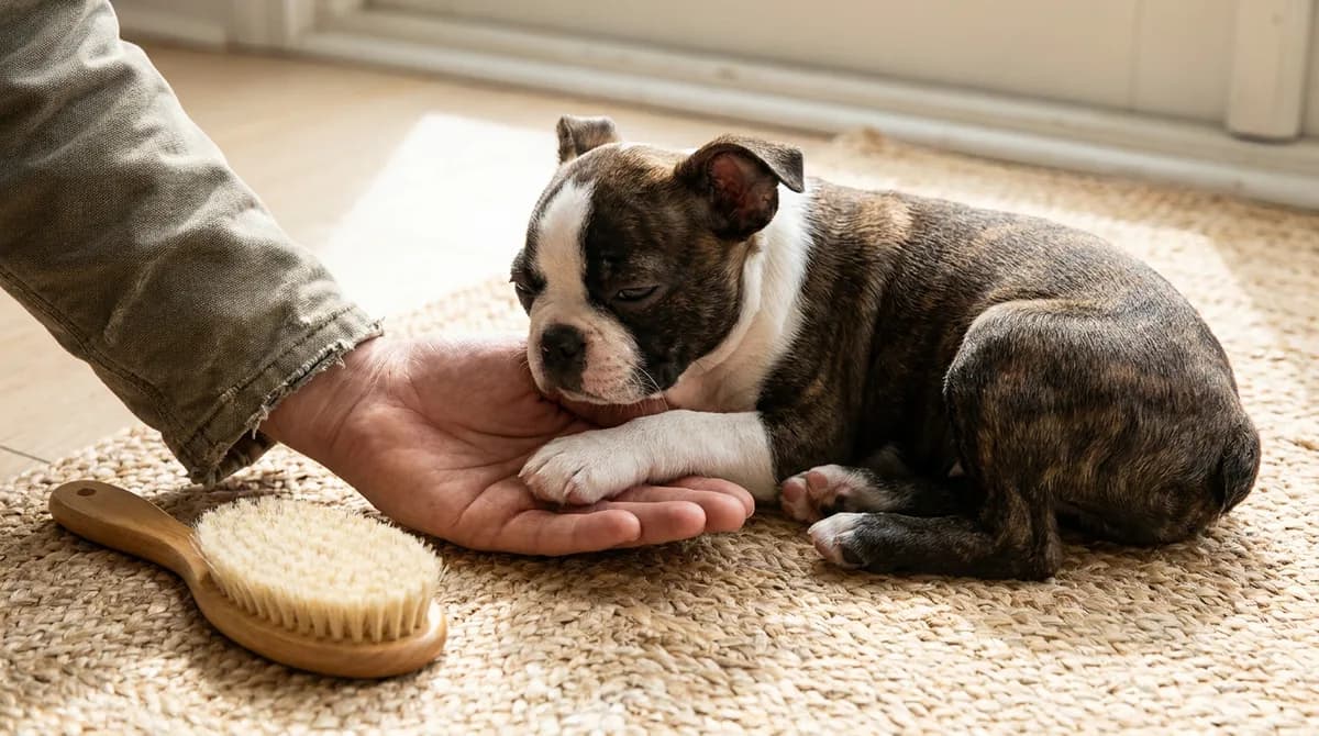Brindle-and-white Boston Terrier puppy resting a paw in an adult's hand beside a brush.