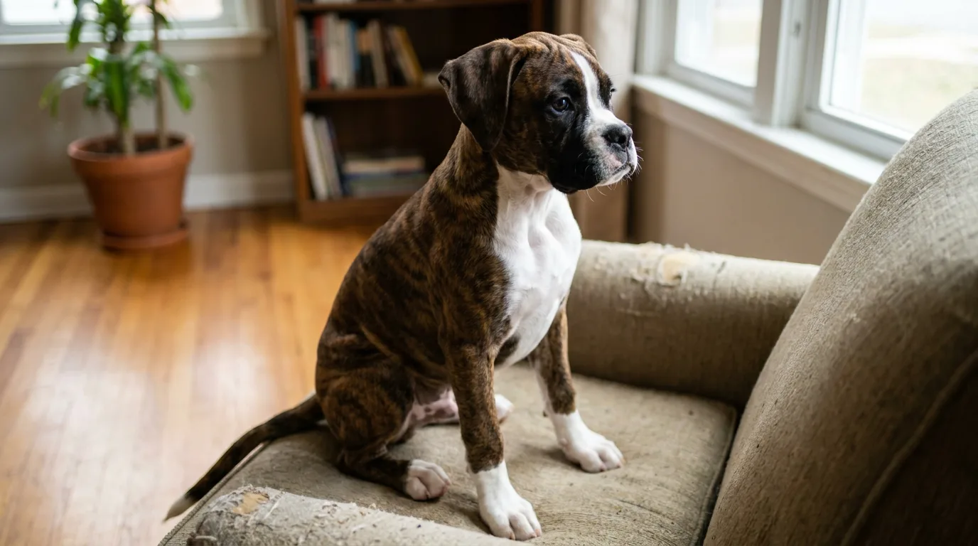 Brindle-and-white Boxer puppy sitting on a chair beside a window
