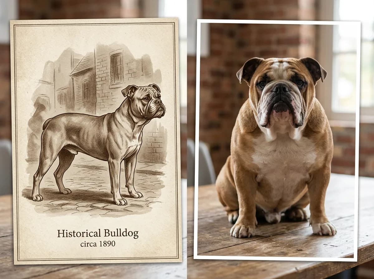 A vintage-style sepia illustration contrasted with a modern photo, showing the leaner historical bulldog beside today's stockier companion bulldog to