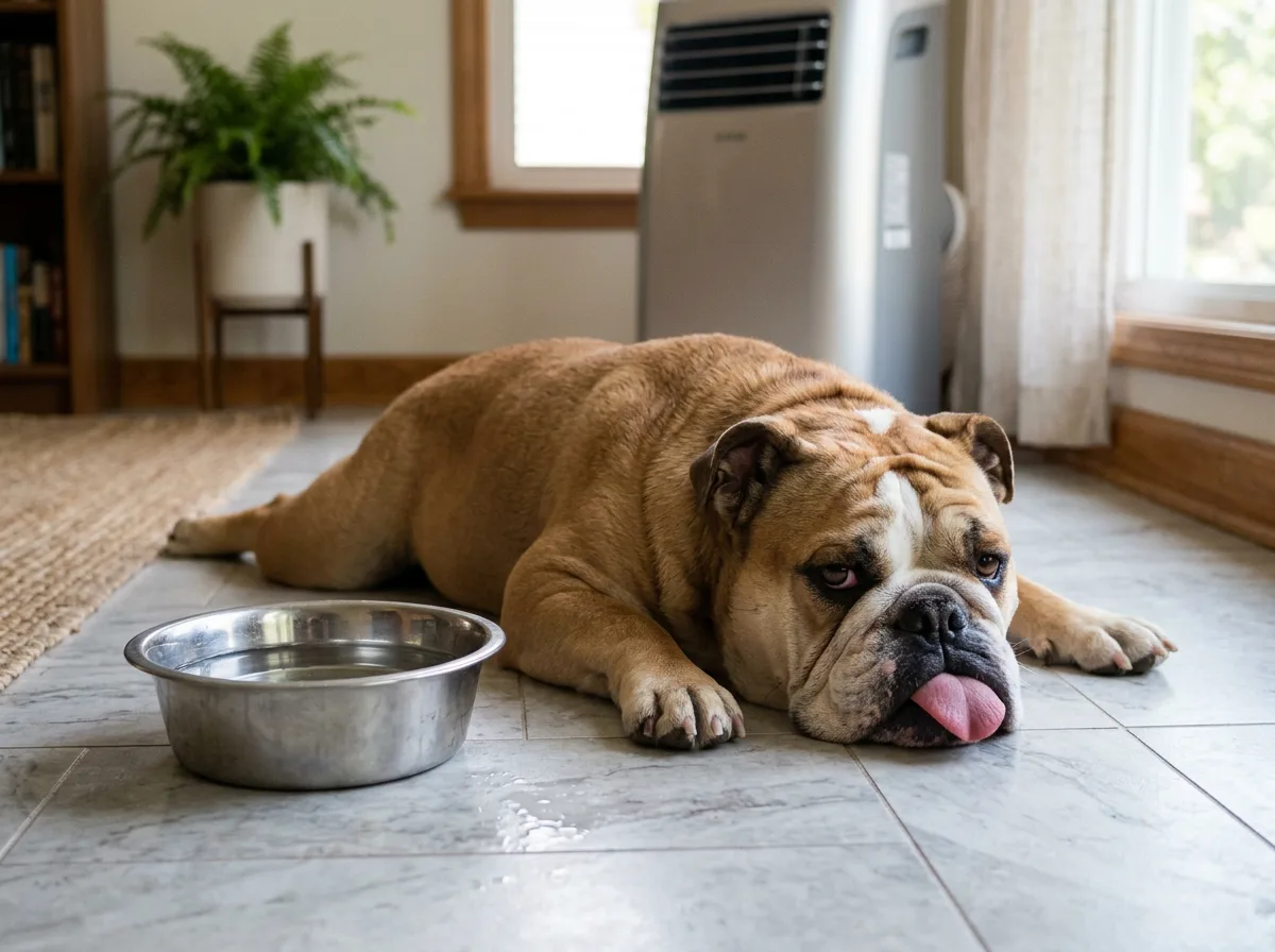 An English Bulldog lying belly-down on cool tile floor beside a bowl of water indoors on a hot day, tongue out, air-conditioned room, illustrating hea