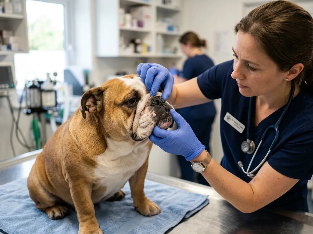 A veterinarian in a clinic gently examining the facial skin folds and nose of a calm English Bulldog on an exam table, close focus on the wrinkles and