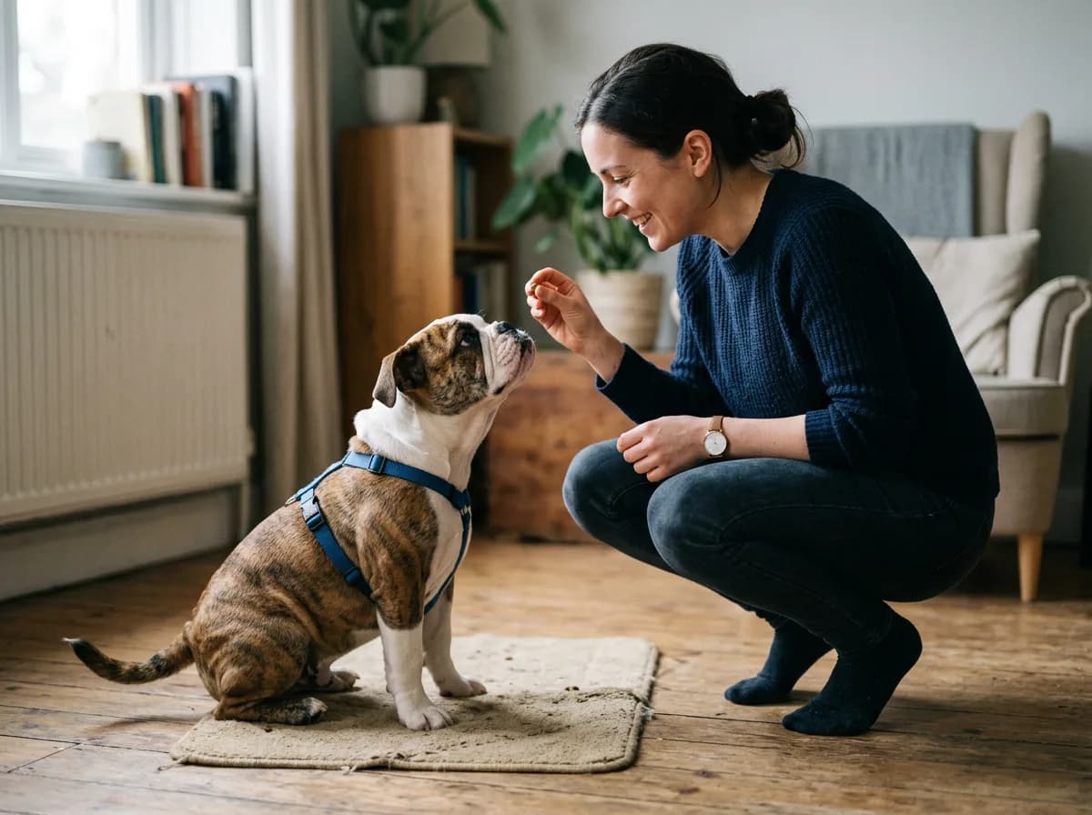 A person crouching indoors giving a treat to an attentive young English Bulldog during a short positive-reinforcement training session, cool room, eng