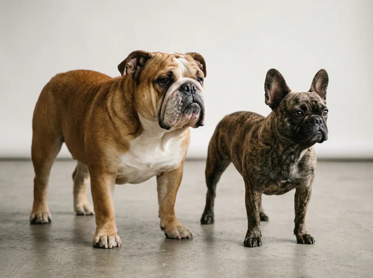A side-by-side comparison photo of an English Bulldog and a smaller French Bulldog standing together on a neutral studio background, showing the size