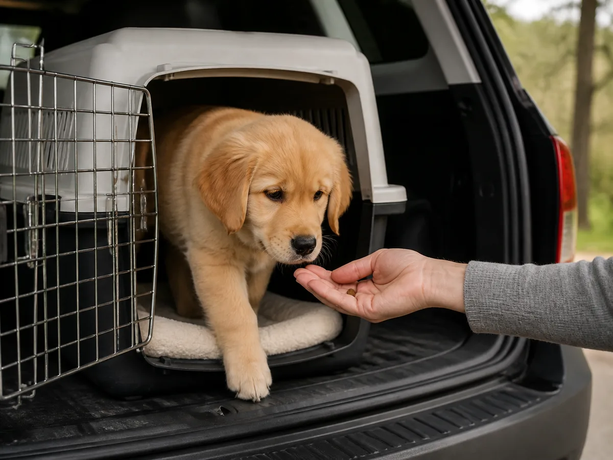 Golden Retriever puppy calmly entering a correctly sized secure travel crate