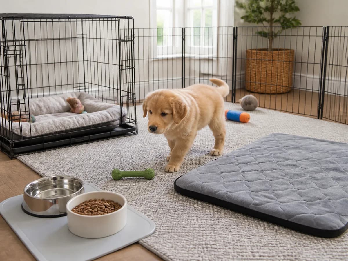 Quiet puppy setup with crate, playpen, water, feeding area and safe chew toy