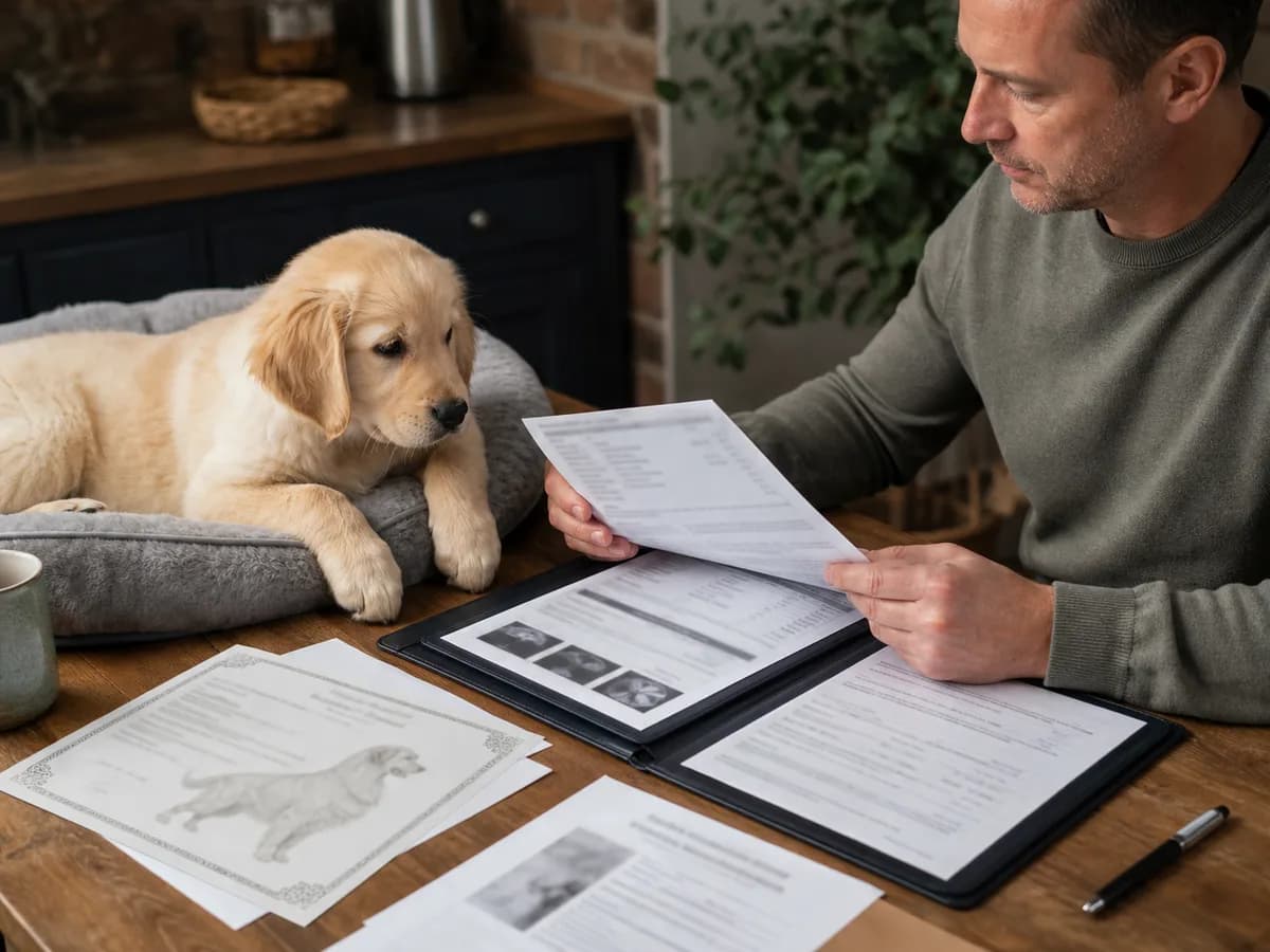Buyer reviewing veterinary records, pedigree and contract with personal details obscured
