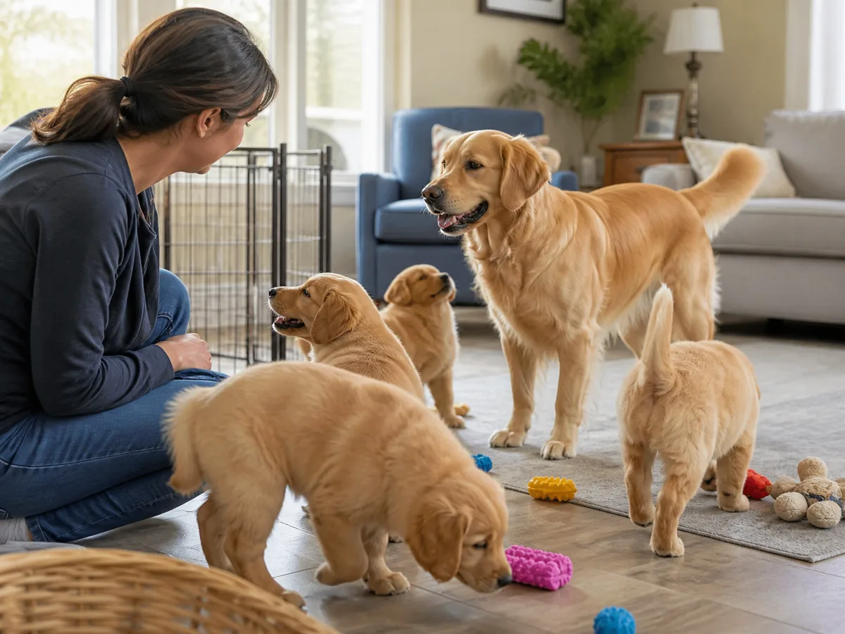 Golden Retriever puppies moving naturally during an in-person home visit with their dam present