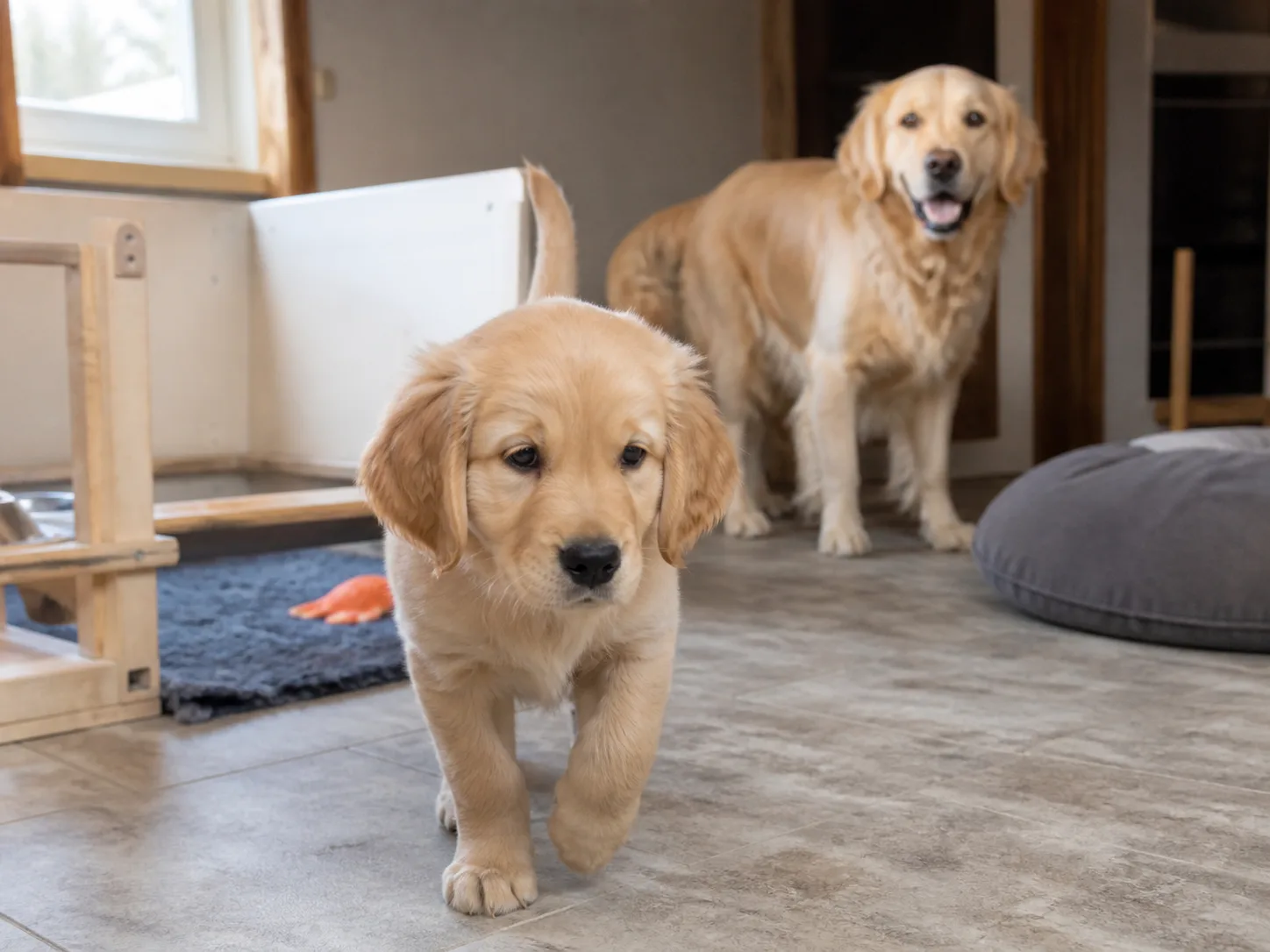 Healthy Golden Retriever puppy exploring a responsible home setting with an adult dog visible in the background