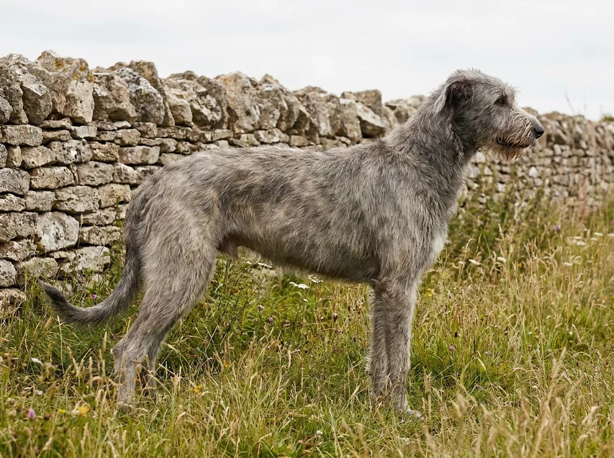 Grey Irish Wolfhound standing in side profile beside a stone wall.
