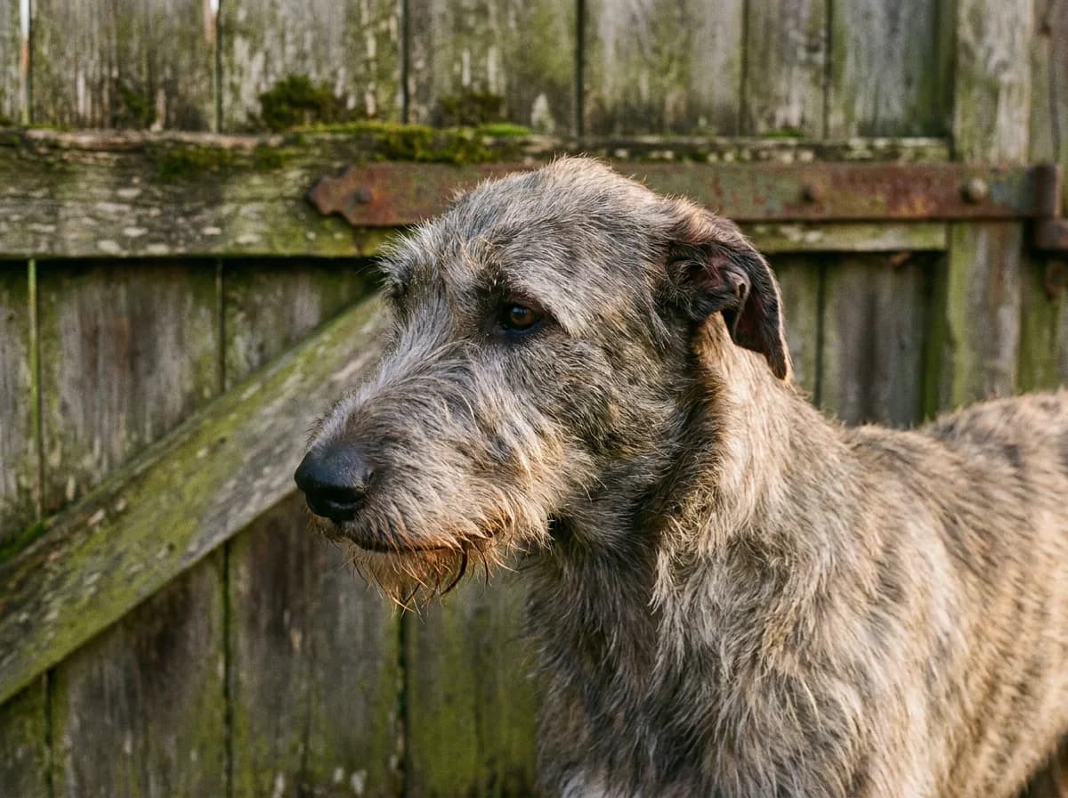 Close view of an Irish Wolfhound’s wiry grey-brown coat, beard and folded ear.