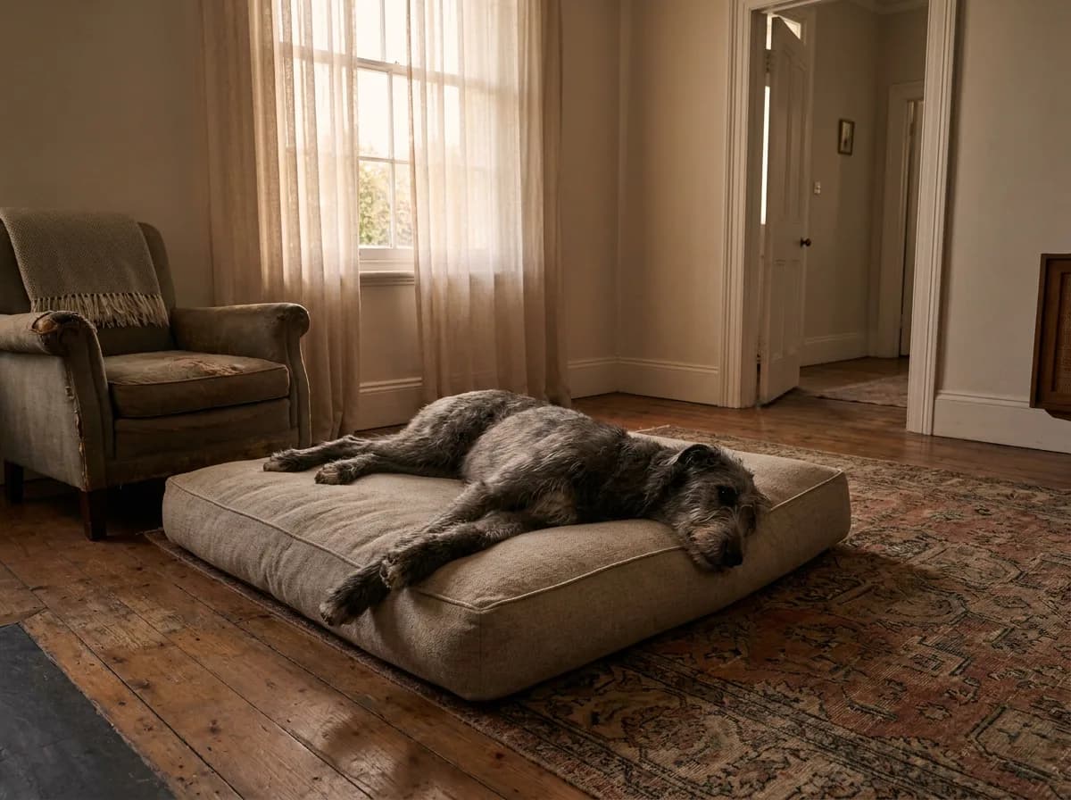 An adult Irish Wolfhound stretched across a large bed beside an armchair.