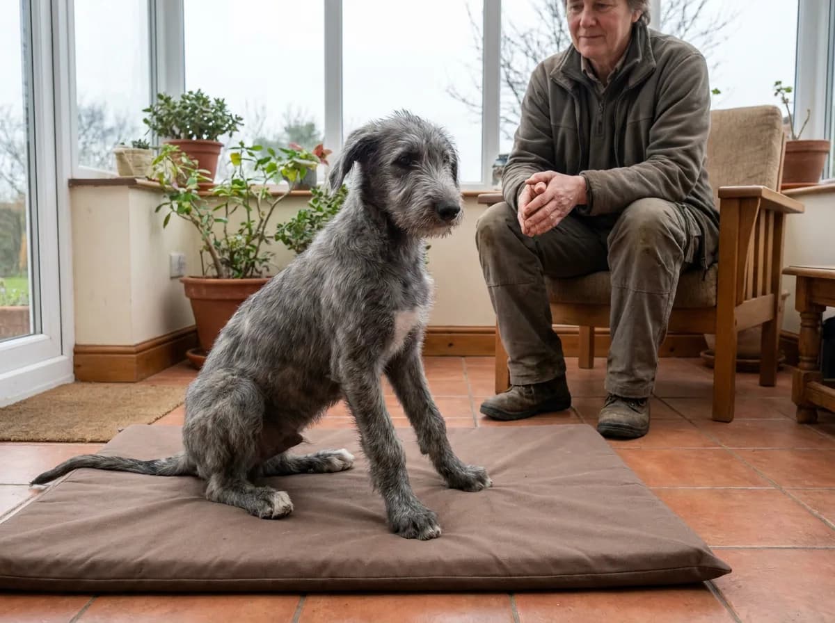 An Irish Wolfhound puppy sitting on a dog mat beside an adult owner.