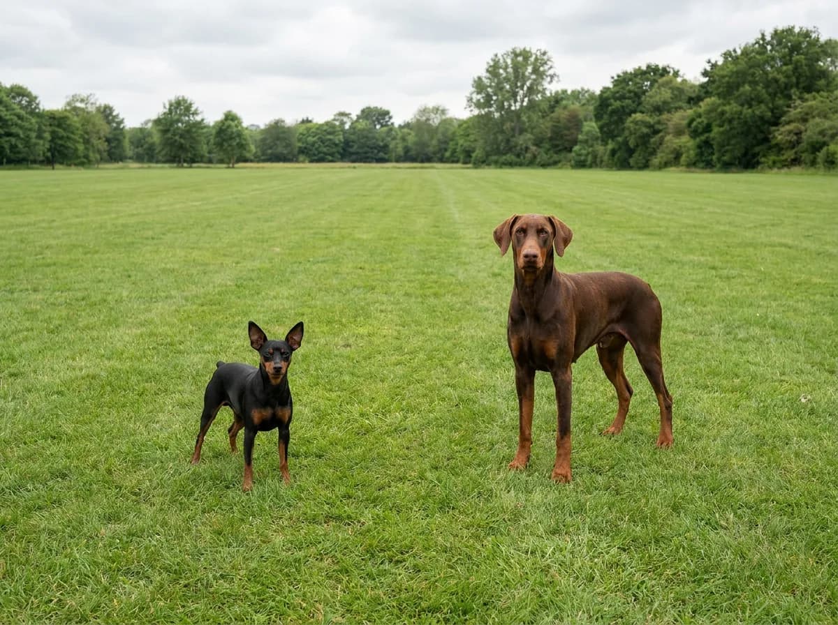 Black-and-rust Miniature Pinscher beside a larger brown Doberman on a lawn.