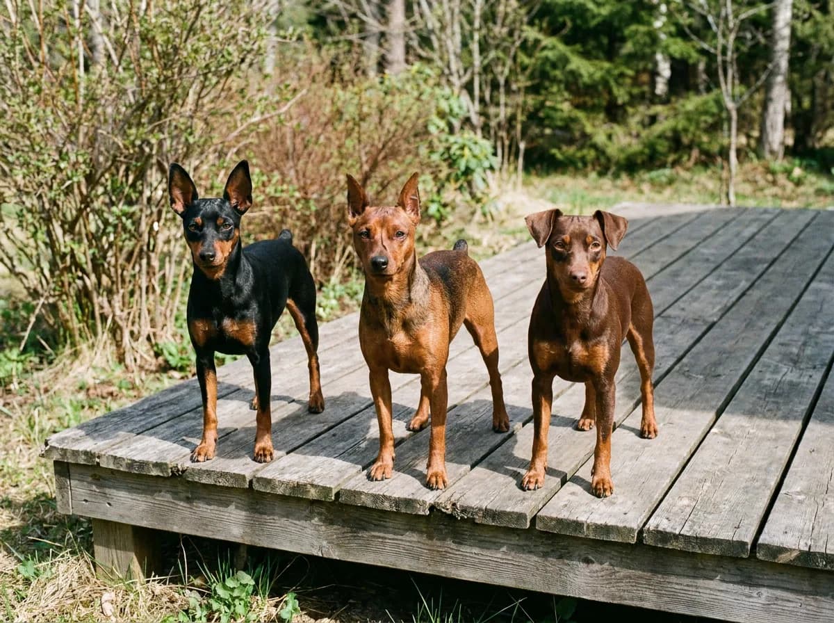 Three Miniature Pinschers with black-and-rust, shaded red and chocolate-toned coats on a deck.