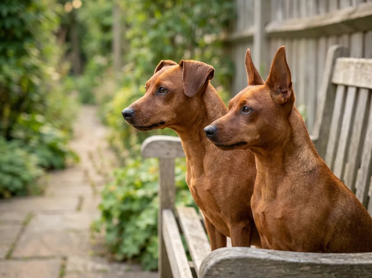 Two red Miniature Pinschers with folded ears on the left and upright ears on the right.