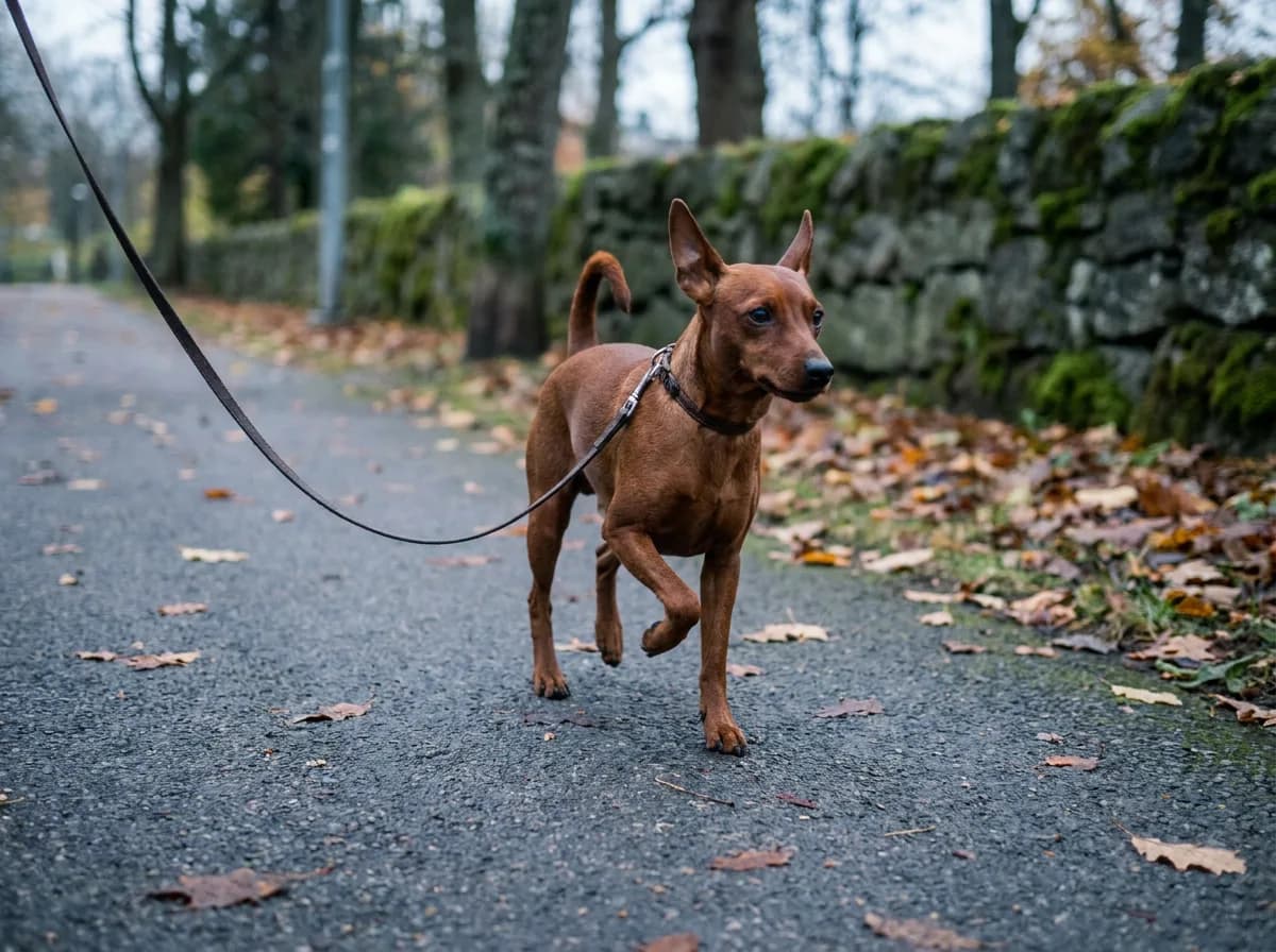 Red Miniature Pinscher lifting a foreleg while walking on a loose lead.