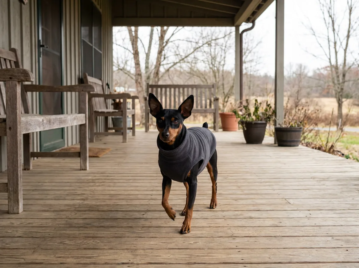 Black-and-rust Miniature Pinscher wearing a dark sweater on a wooden porch.