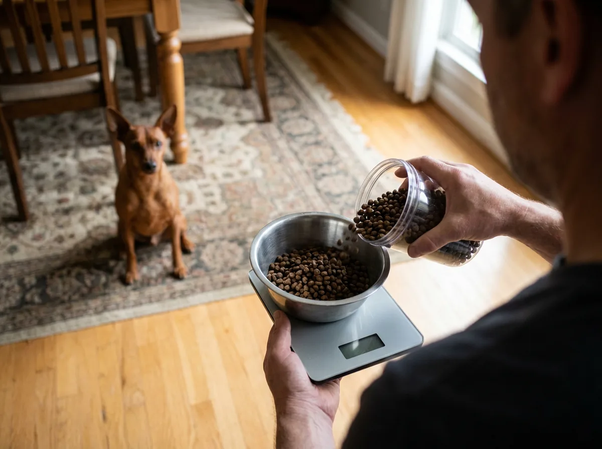 Adult measuring kibble into a bowl on a kitchen scale while a Miniature Pinscher waits.