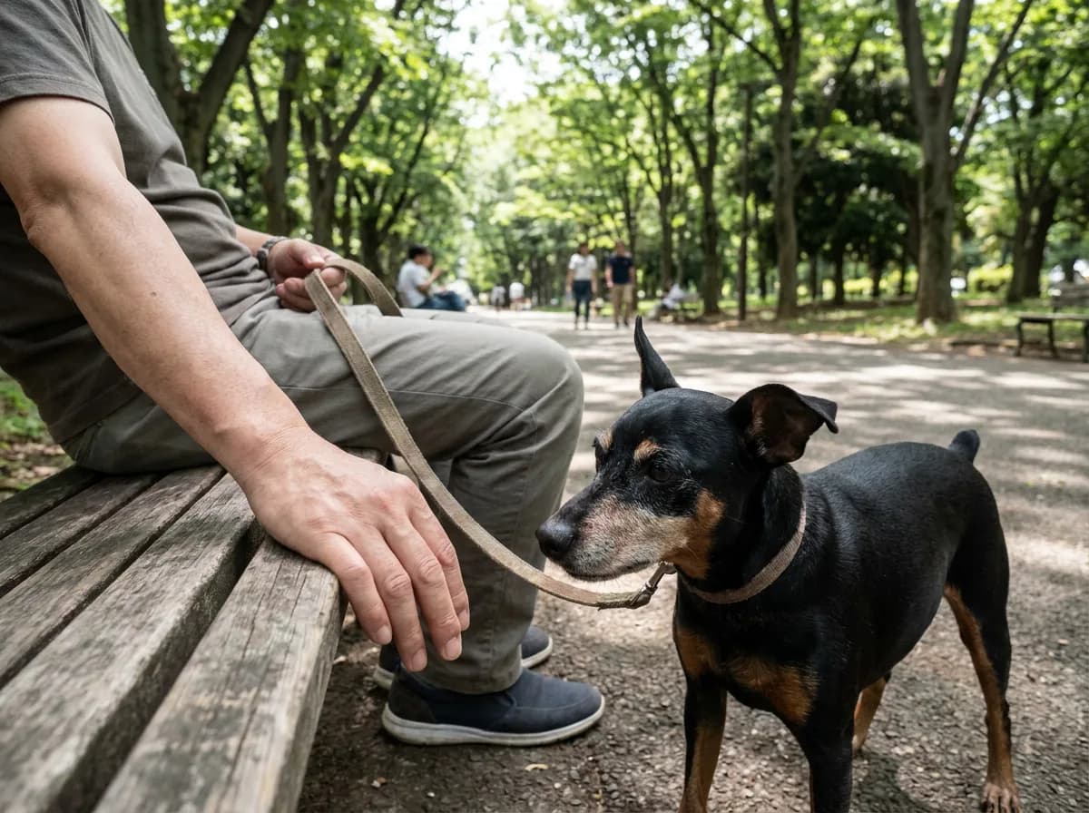 Black-and-rust Miniature Pinscher standing near a seated adult's lowered hand.