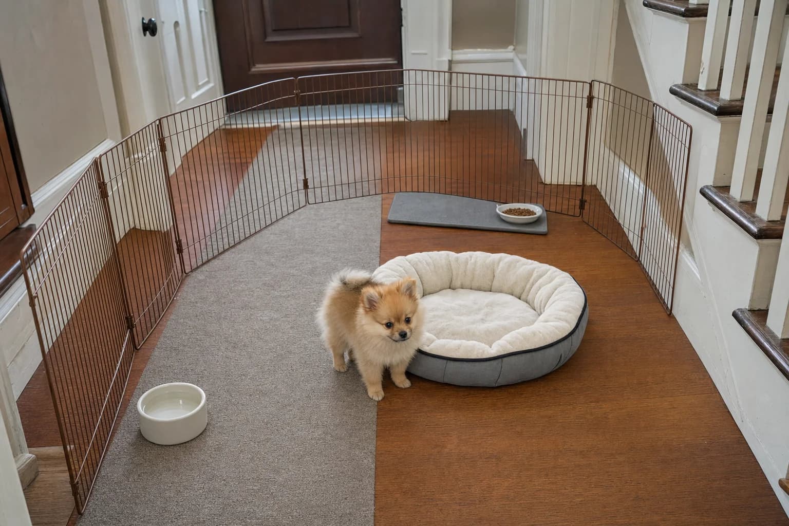 Orange sable Pomeranian puppy beside a low bed and feeding area in a gated foyer