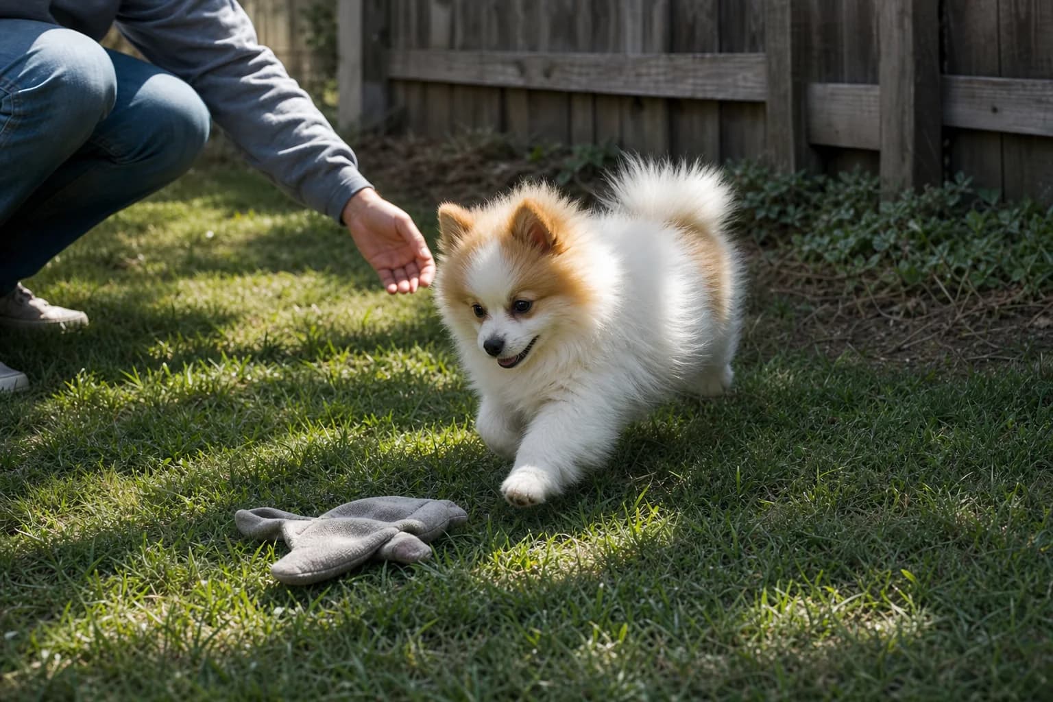 Parti-color Pomeranian puppy trotting toward a cloth toy during supervised yard play
