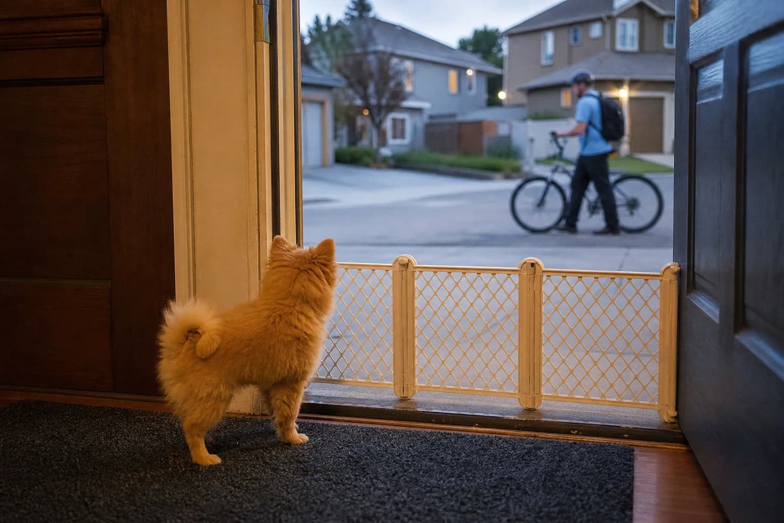 Orange Pomeranian puppy watching a cyclist from behind a low doorway gate