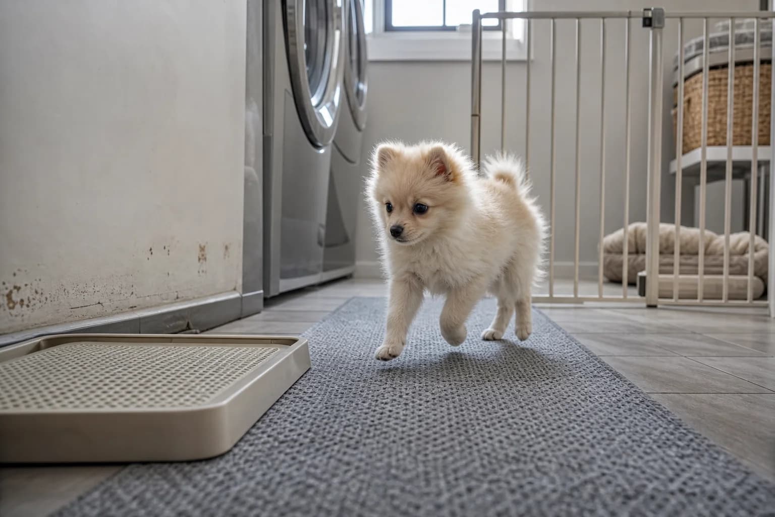 Cream Pomeranian puppy walking between a toilet tray and gated bed area