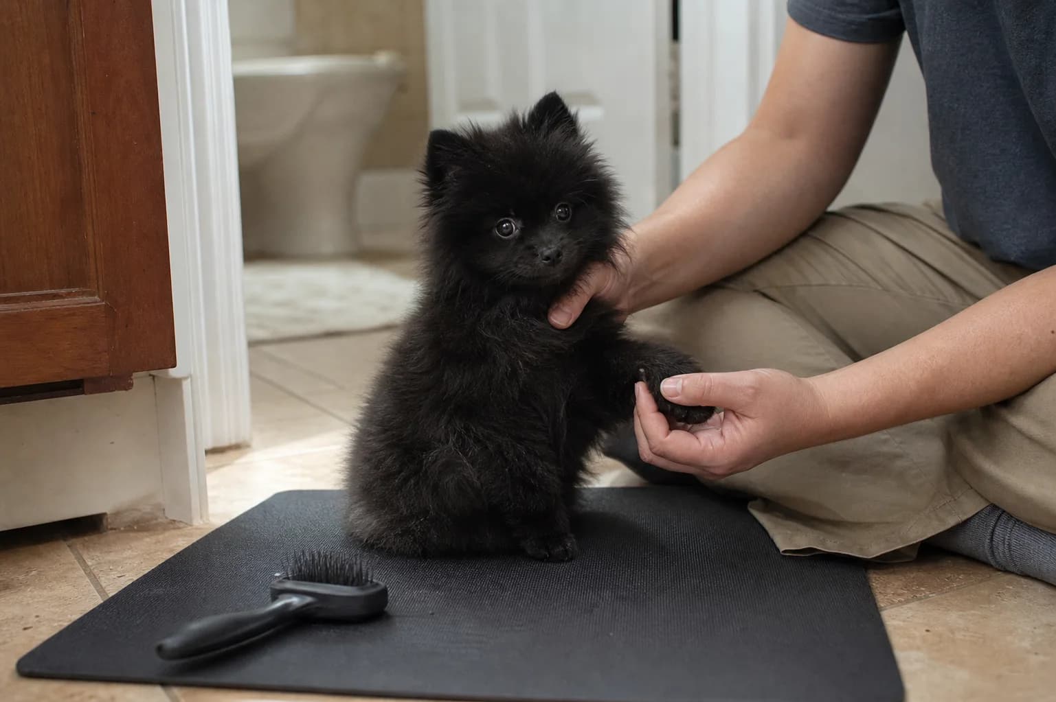 Caregiver gently handling a black Pomeranian puppy's paw on a nonslip mat