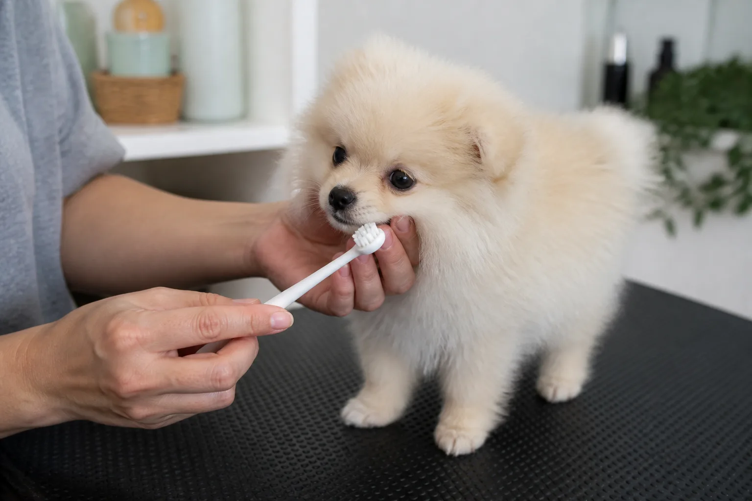 Caregiver gently introducing a small dog toothbrush to a cream Pomeranian puppy