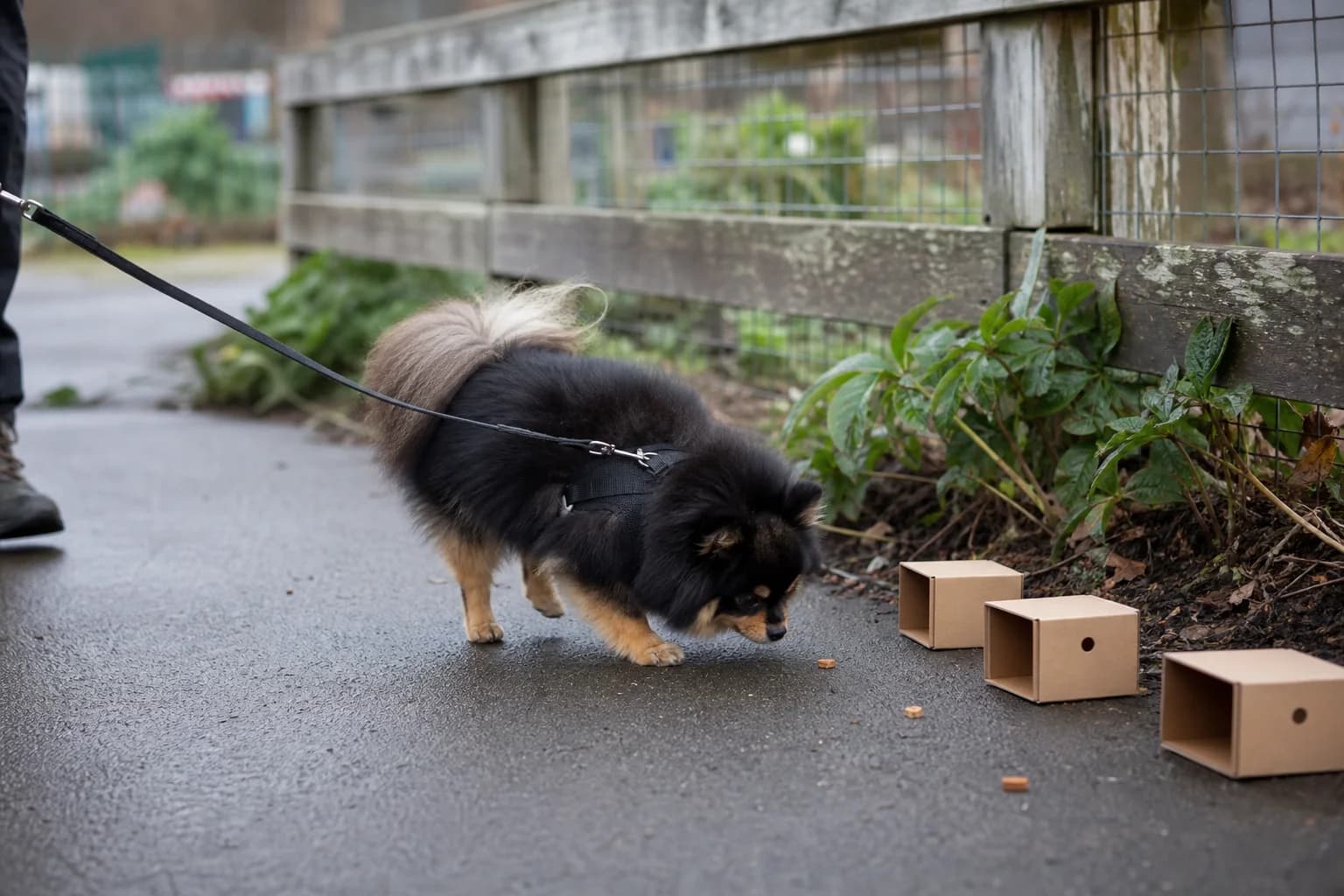 Black-and-tan Pomeranian sniffing for treats beside small scent boxes on a damp path