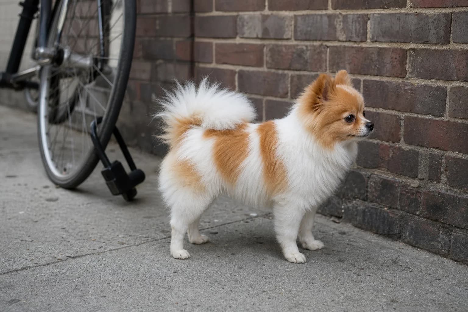 Parti-color Pomeranian standing in side profile beside a brick wall and bicycle