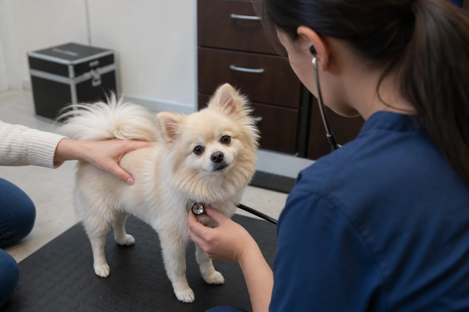 Veterinary professional listening to a mature cream Pomeranian's chest during a floor-level exam