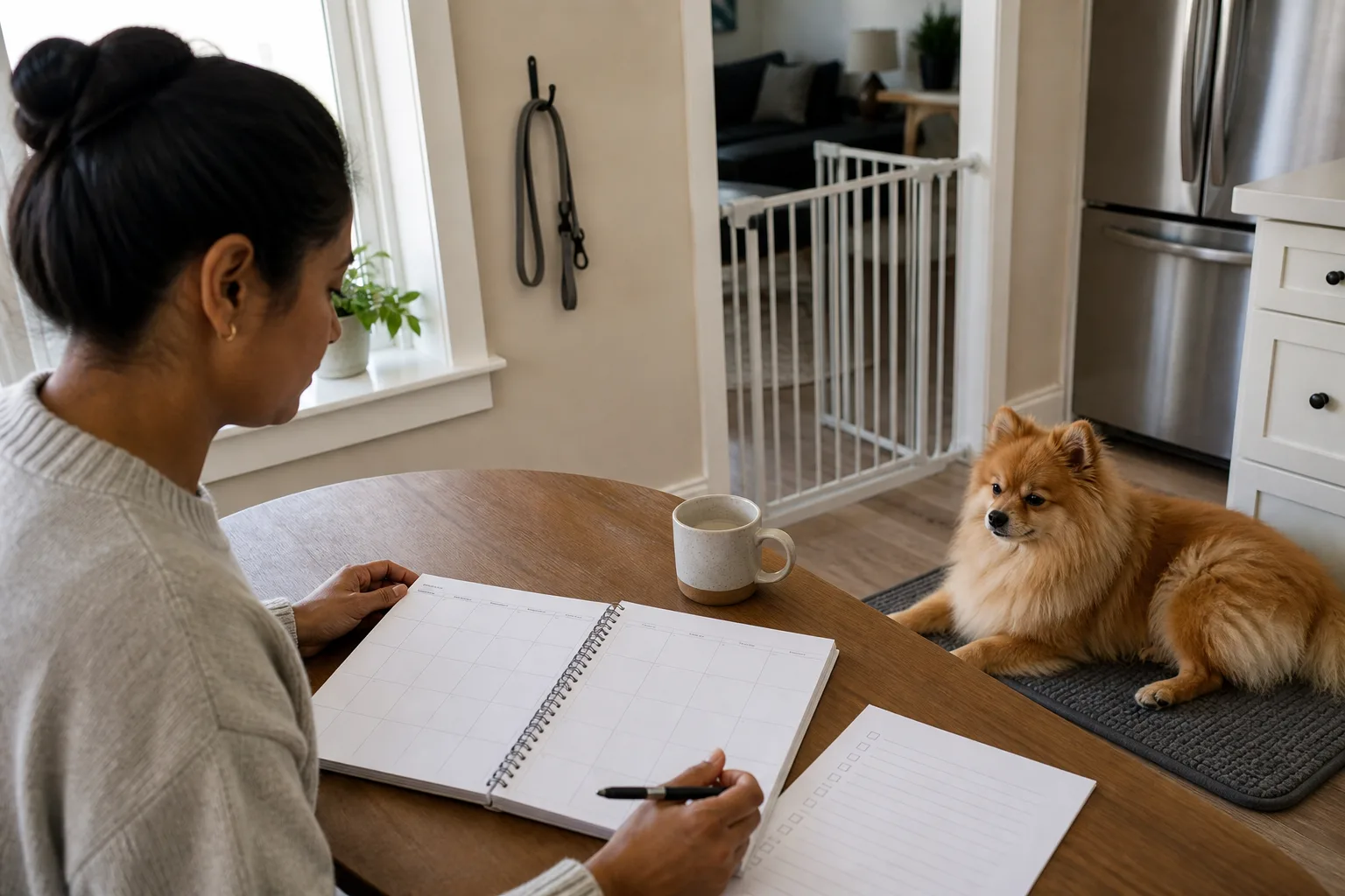 Prospective owner reviewing a weekly care plan while an orange-sable Pomeranian rests nearby