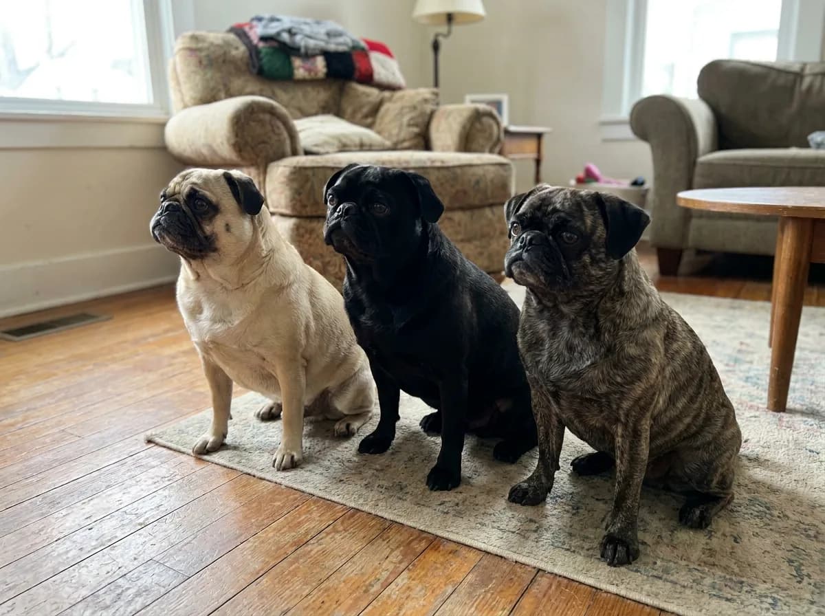 Fawn, black, and brindle-coated dogs with Pug features sitting together on a wooden floor.