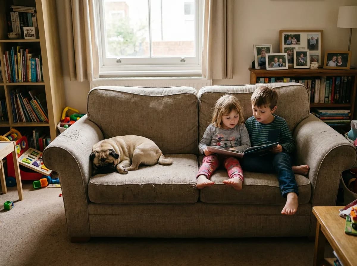 Pug resting on a sofa beside two children reading a book.