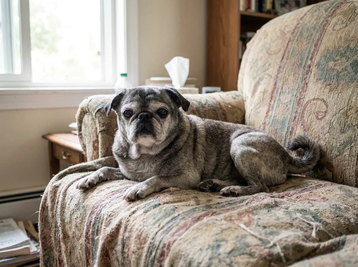 Gray-muzzled Pug resting on a cushioned armchair.