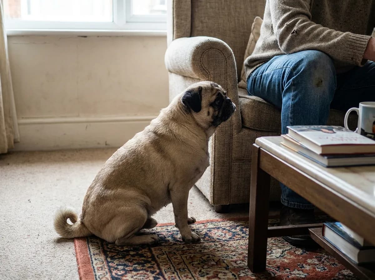 Fawn Pug sitting beside an adult seated in an armchair.