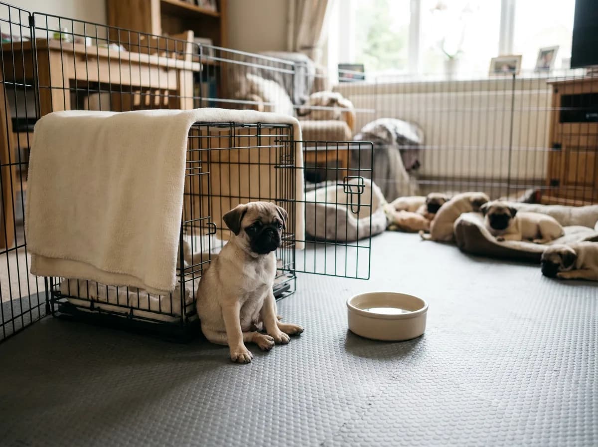 Pug puppy sitting beside an open crate and water bowl inside a puppy pen.