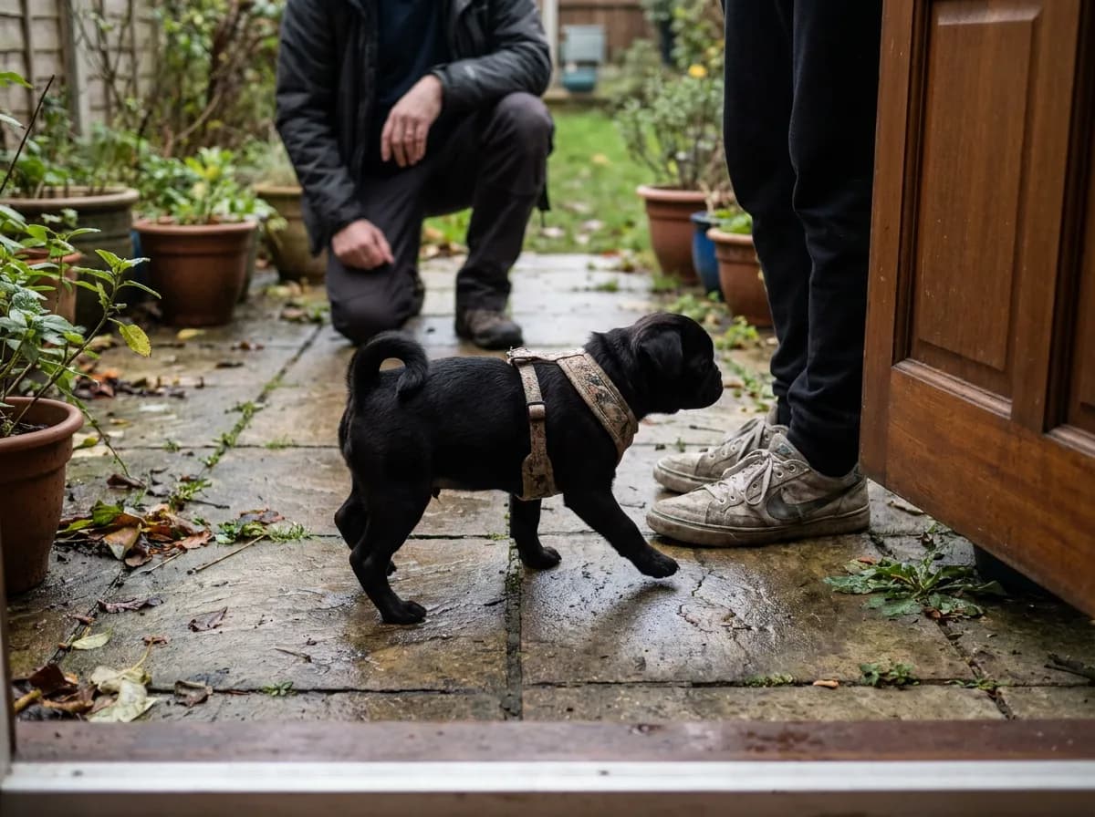 Black Pug puppy wearing a harness beside an adult at a garden doorway.