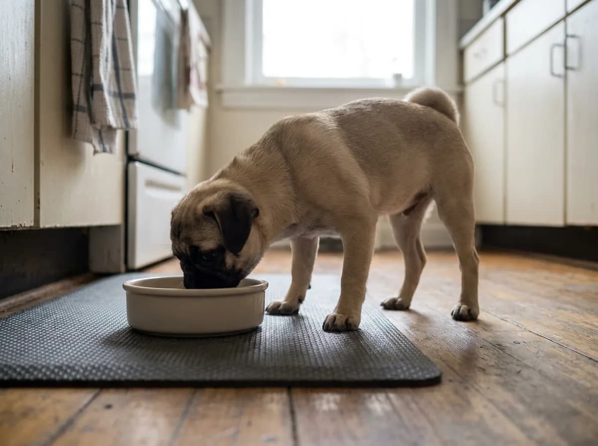 Fawn Pug puppy eating from a shallow bowl on a nonslip mat.
