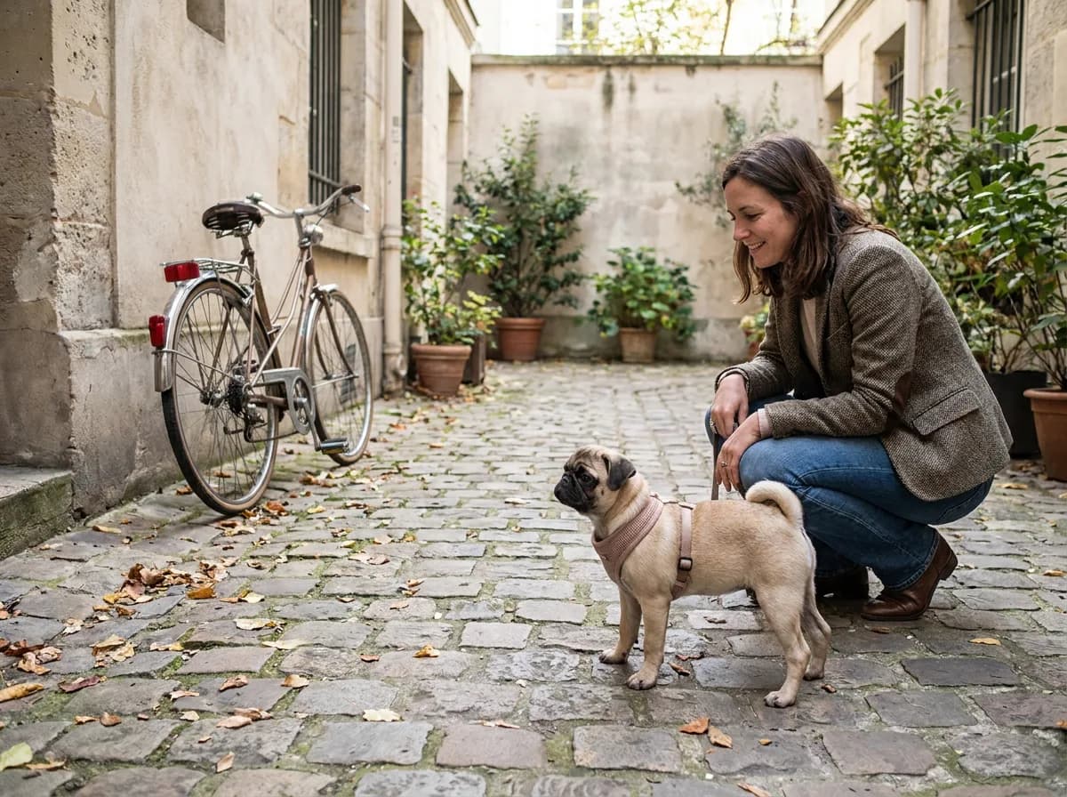 Pug puppy beside a crouching owner, watching a bicycle from across a courtyard.