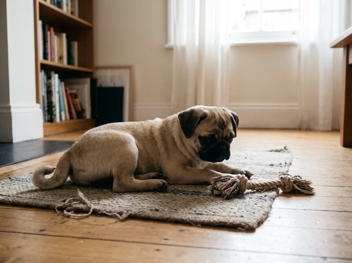 Young fawn Pug resting on a low mat beside a rope toy.