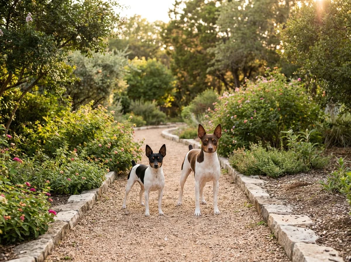 Two Rat Terriers of different heights standing together on a level garden path.