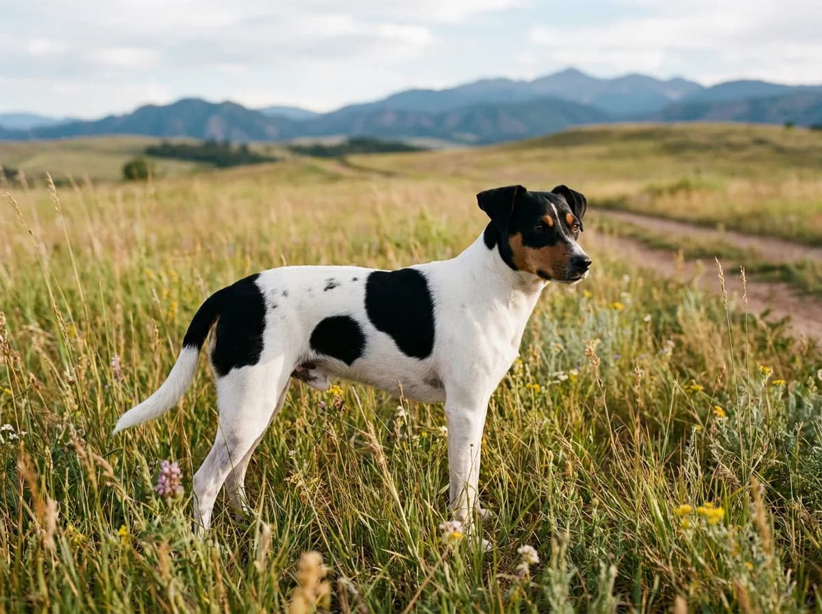 Rat Terrier with a short white coat, black patches and tan facial markings standing in grass.