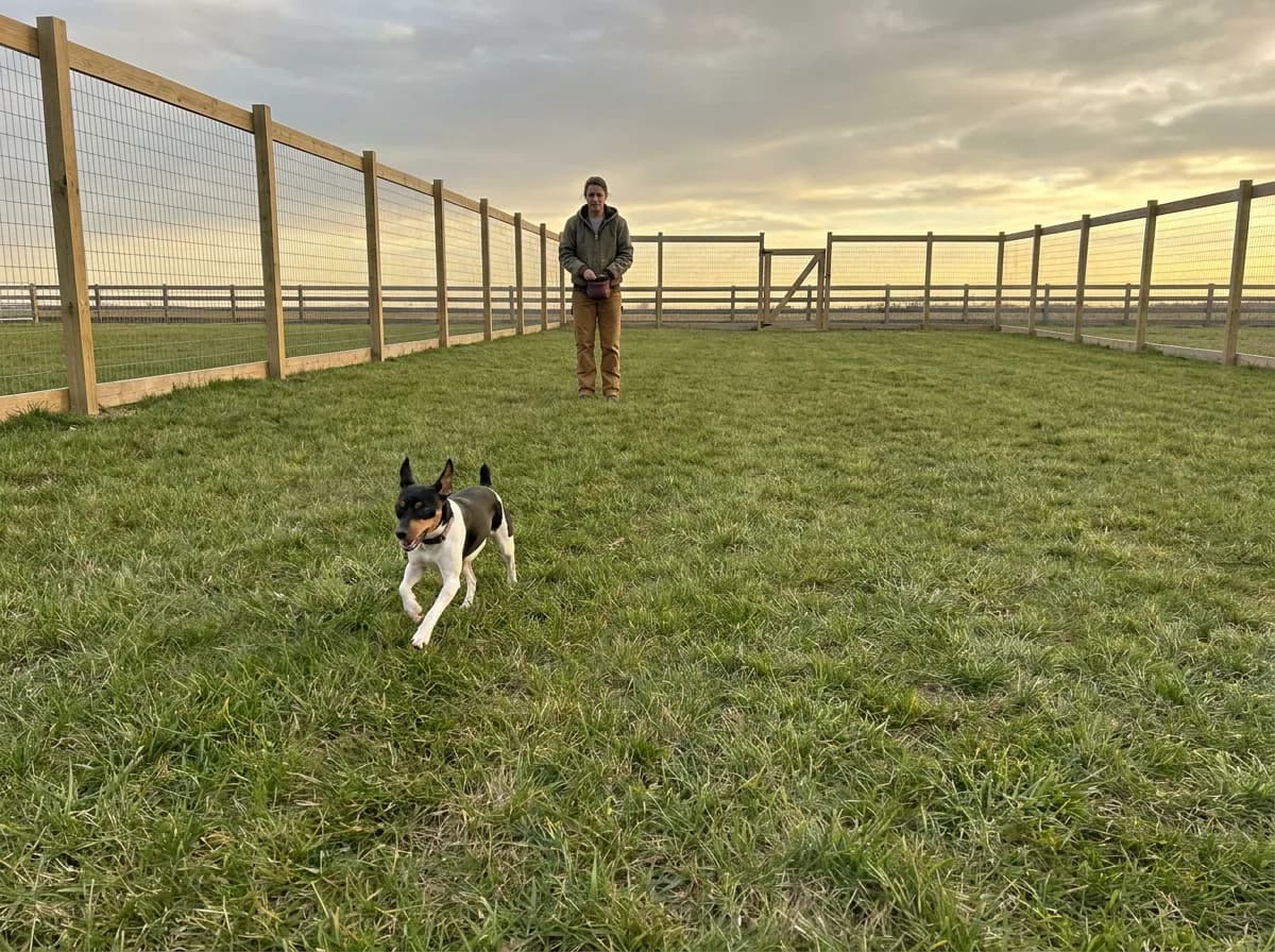 Tricolor Rat Terrier running across a fenced grassy area with an adult handler behind.