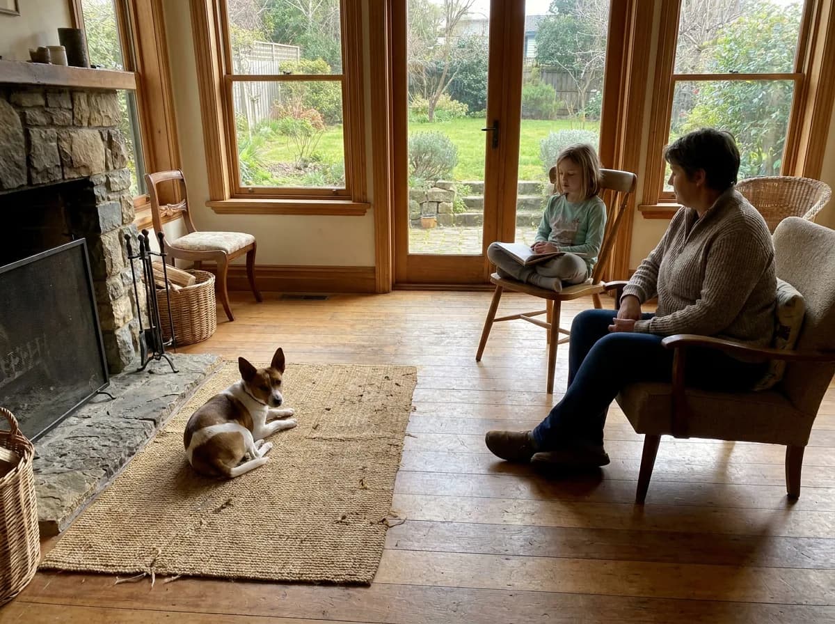 Rat Terrier resting on a rug while an adult and child sit in separate chairs.