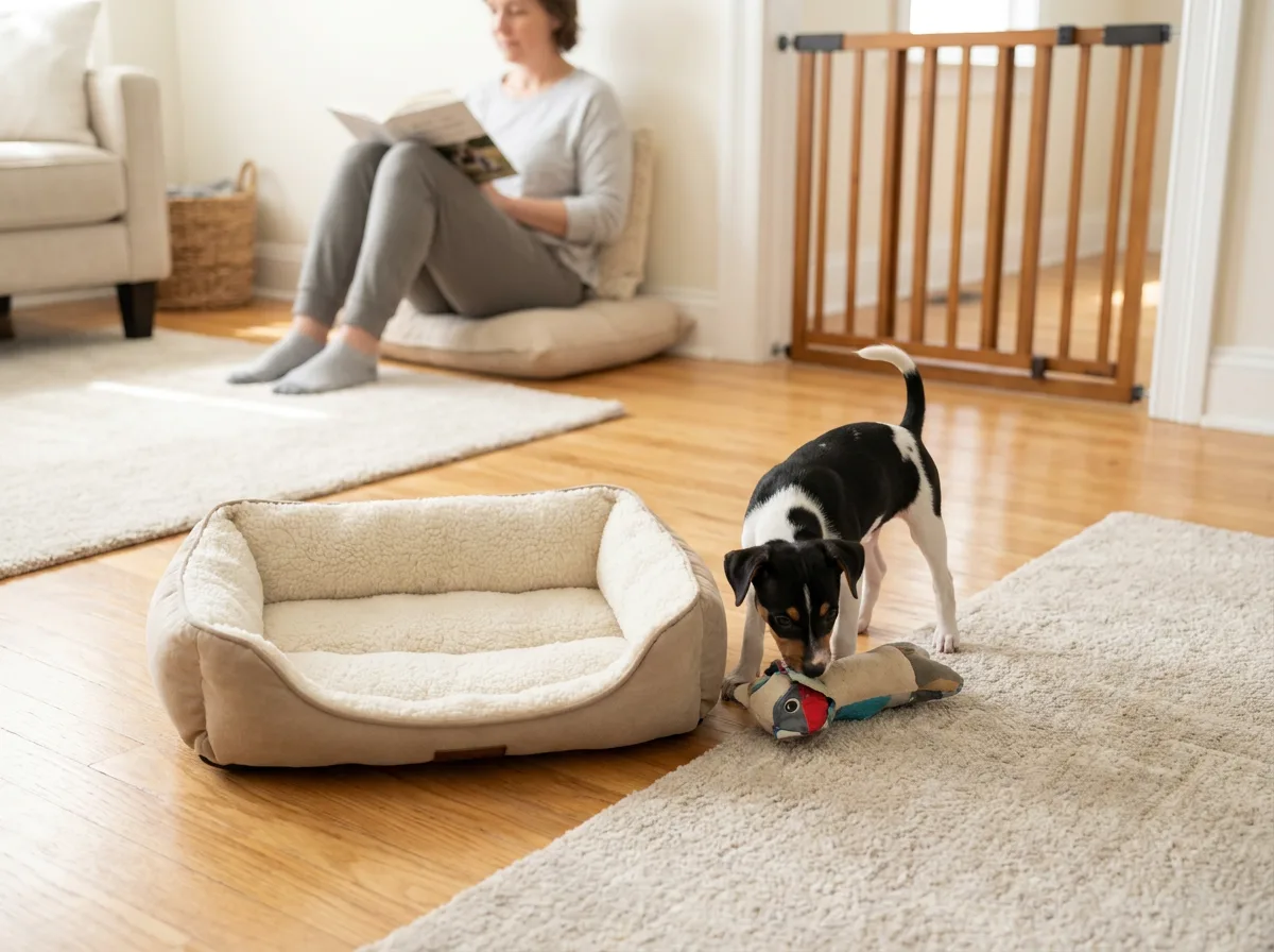Young tricolor Rat Terrier investigating a toy beside a low bed in a room with a gate.