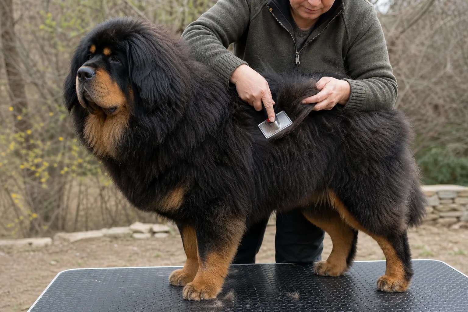 Owner brushing the dense side coat of a Tibetan Mastiff standing on a grooming mat
