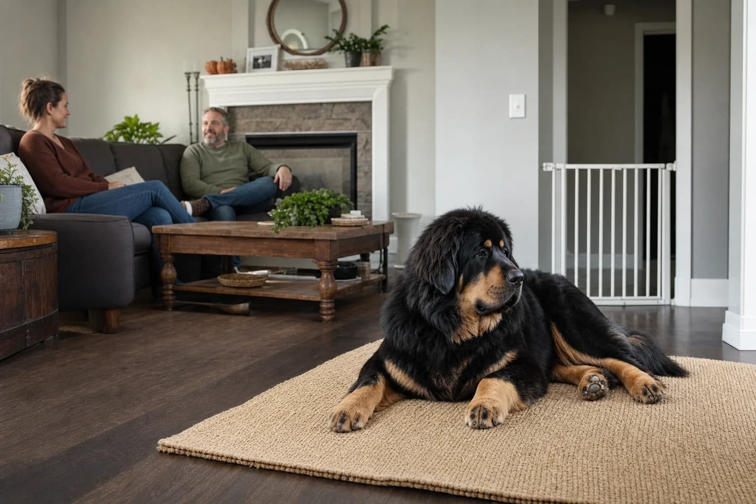 Tibetan Mastiff resting on a woven mat in a living room with a gated doorway